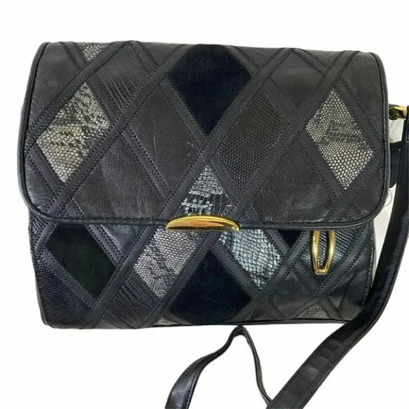 Cabin Creek‎ black leather & animal print patchwork bag - Picture 1 of 12